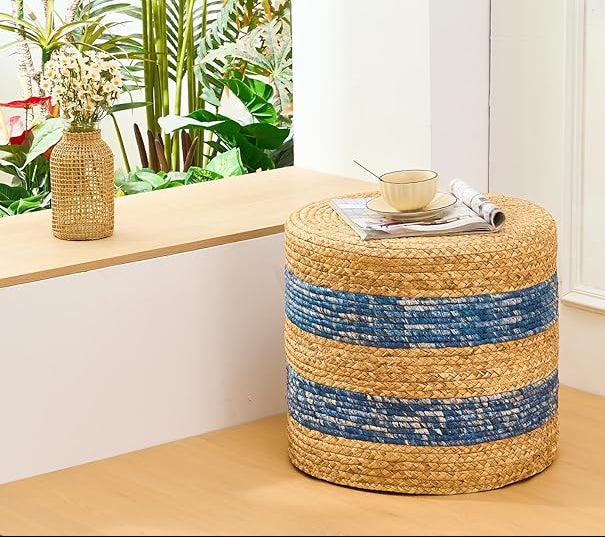 Handwoven Ottoman Pouf, Natural Water Hyacinth Footstool, Round Braided Outdoor Seat with Sturdy Frame, Boho Accent Stool for Patio, Balcony, or Garden (Blue)
