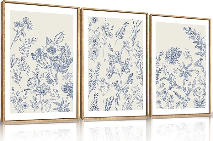 Classic Chinoiserie Watercolor Floral Framed Canvas