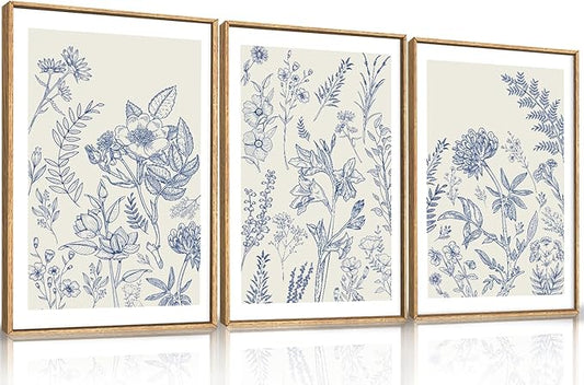 Classic Chinoiserie Watercolor Floral Framed Canvas