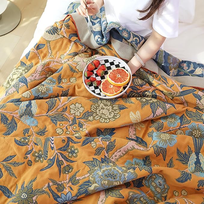 Flower Branch Orange Muslin Blanket 4-Layer Gauze 100% Cotton
