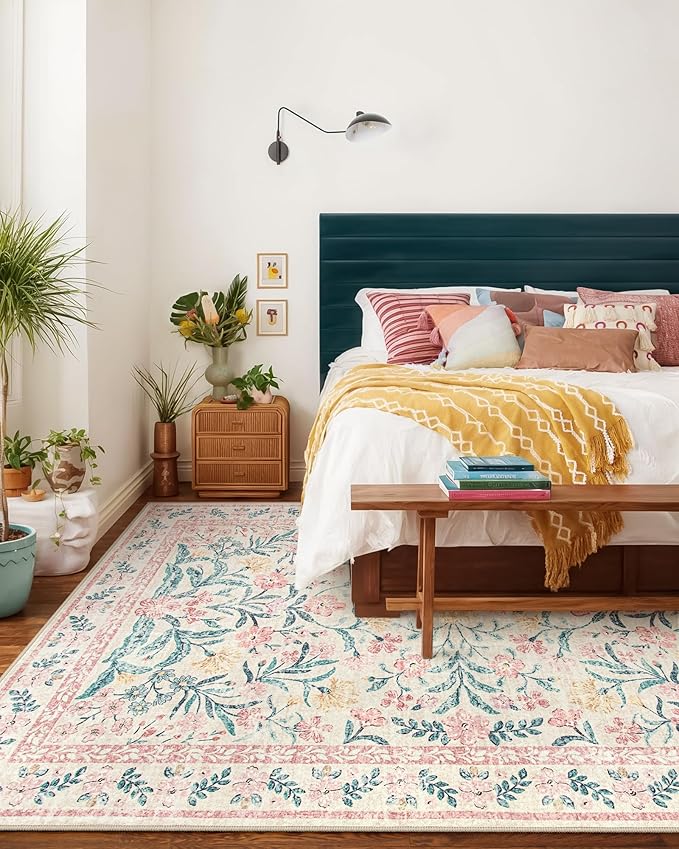 Wonnitar Soft Pink Floral Washable Area Rug