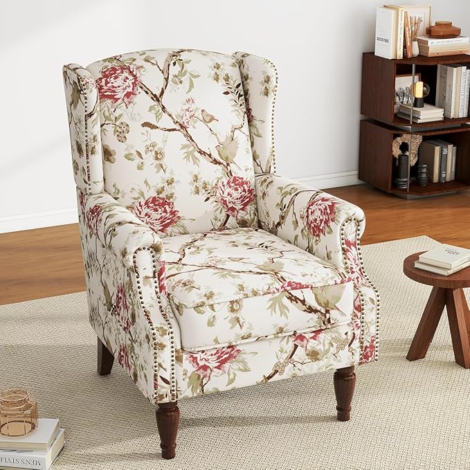 High Back Upholstered Floral Armchair