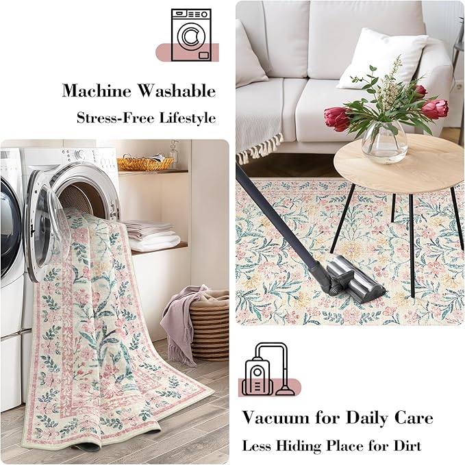 Wonnitar Soft Pink Floral Washable Area Rug