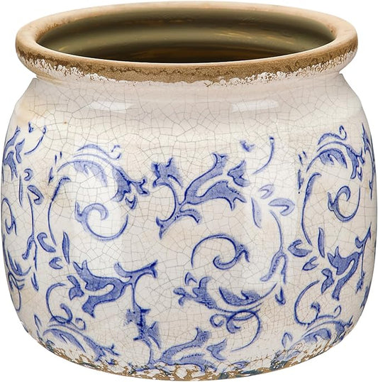 Vintage Blue Chinoiserie Crack Cottage Scroll Vase