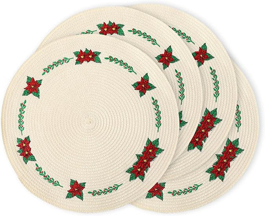 Whaline Christmas Embroidered Poinsettia Place Mats | Set of 4