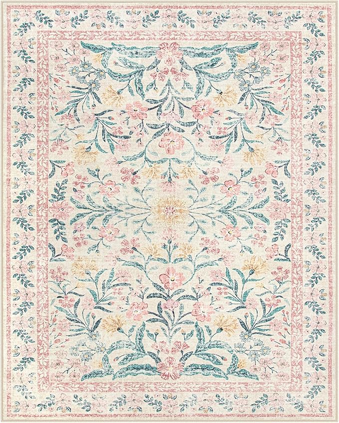 Wonnitar Soft Pink Floral Washable Area Rug
