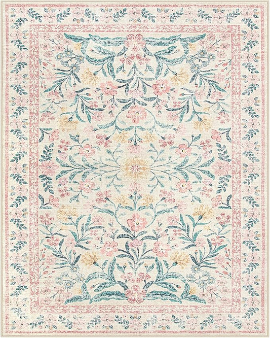 Wonnitar Soft Pink Floral Washable Area Rug