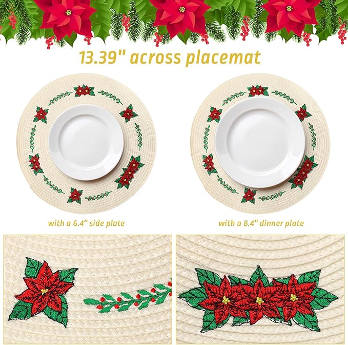 Whaline Christmas Embroidered Poinsettia Place Mats | Set of 4