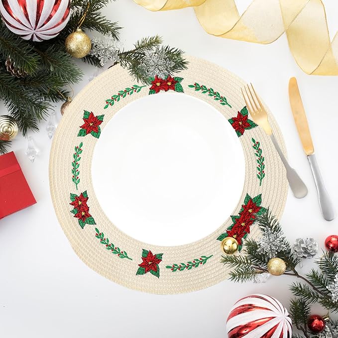 Whaline Christmas Embroidered Poinsettia Place Mats | Set of 4