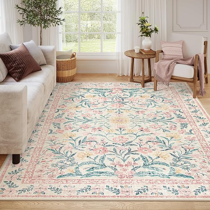Wonnitar Soft Pink Floral Washable Area Rug