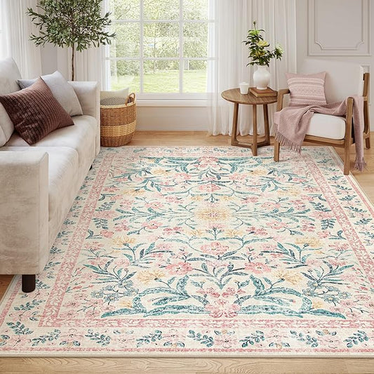 Wonnitar Soft Pink Floral Washable Area Rug