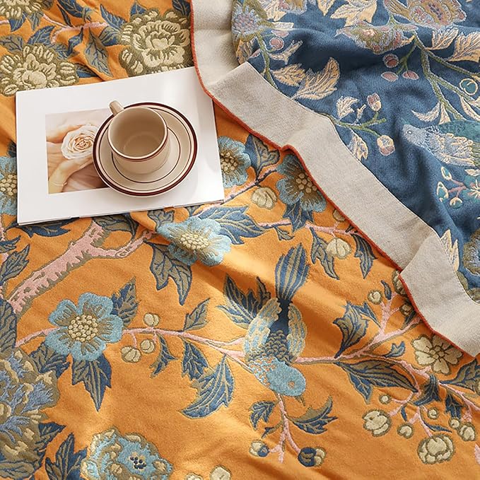 Flower Branch Orange Muslin Blanket 4-Layer Gauze 100% Cotton