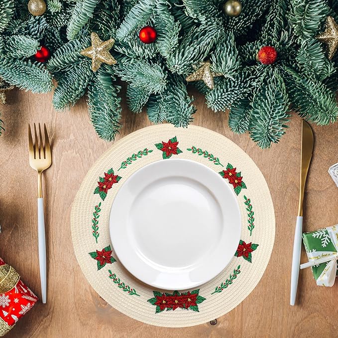 Whaline Christmas Embroidered Poinsettia Place Mats | Set of 4