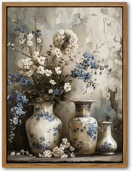 Vintage Blue & White Flower Canvas Wall Art