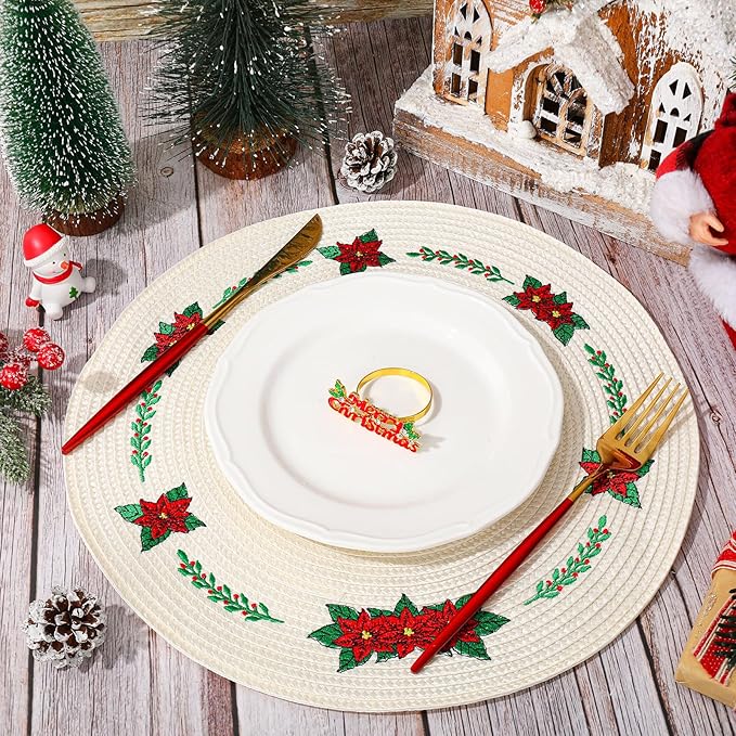Whaline Christmas Embroidered Poinsettia Place Mats | Set of 4