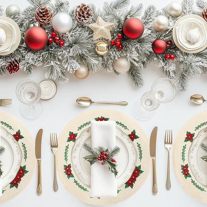 Whaline Christmas Embroidered Poinsettia Place Mats | Set of 4