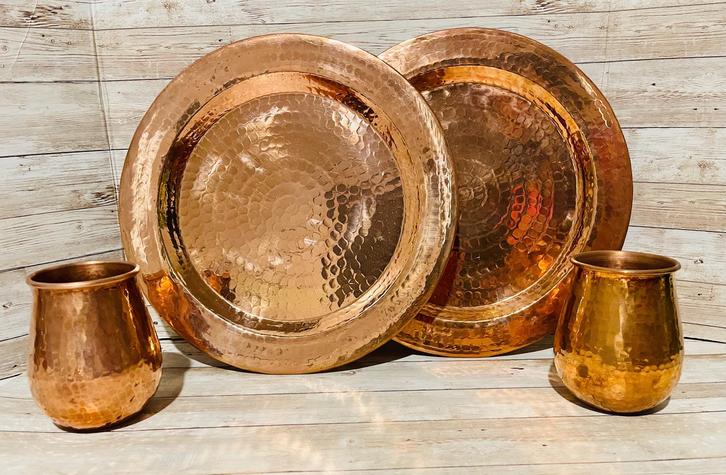 Mexican Copper Charger Plates with 2 Copper Cups