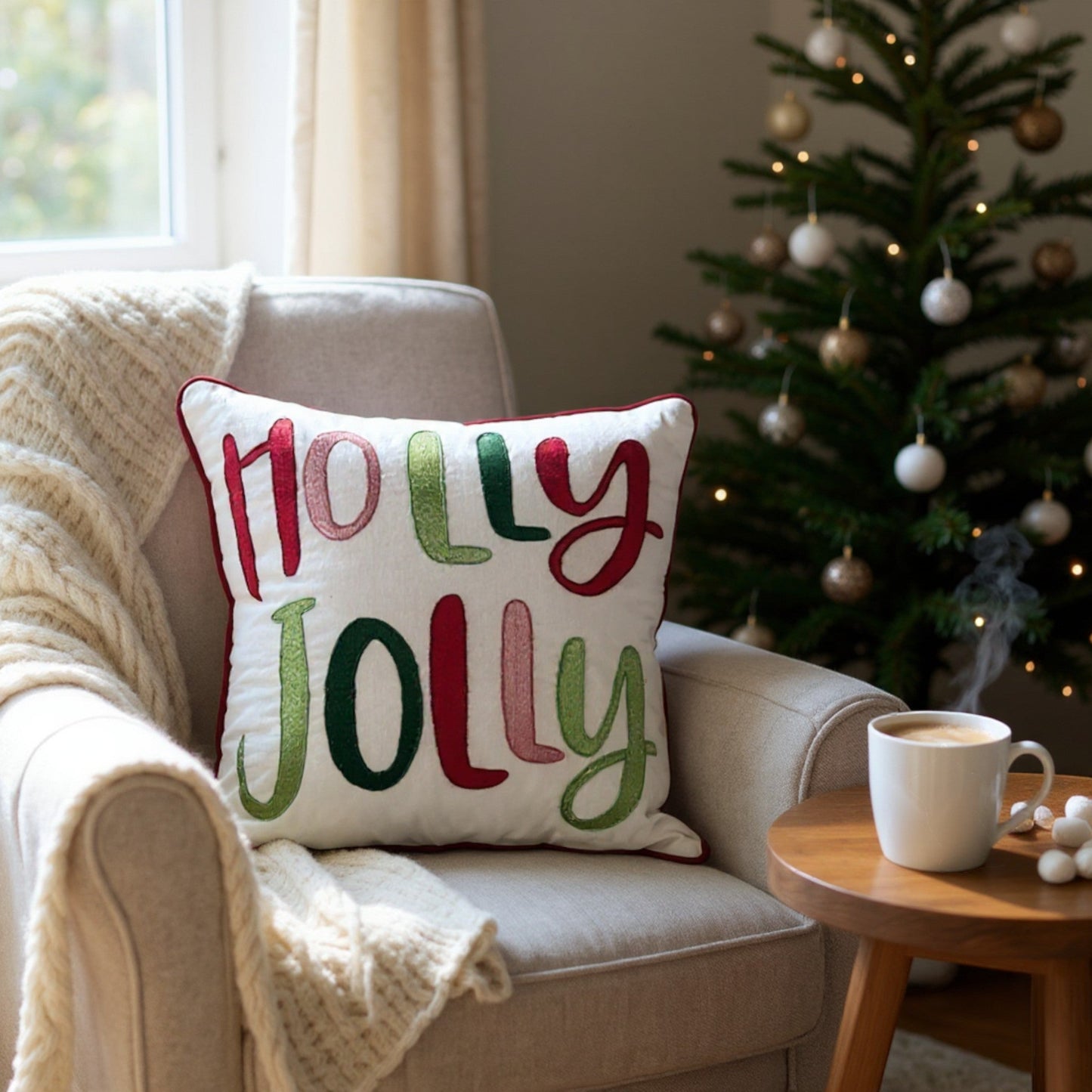 Holly Jolly Embroidered Pillow
