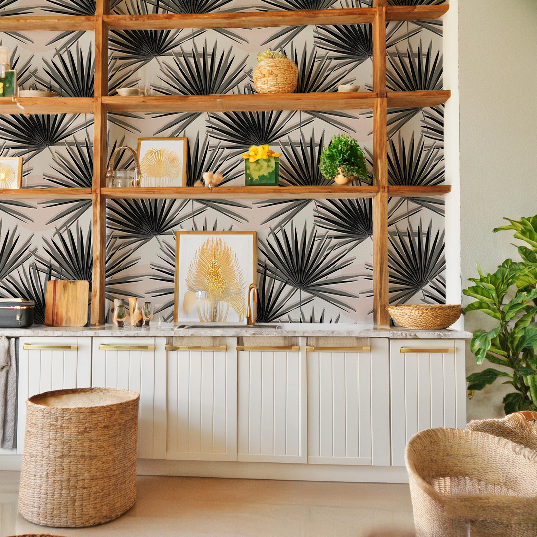 Palm Deco Wallpaper, black and blush