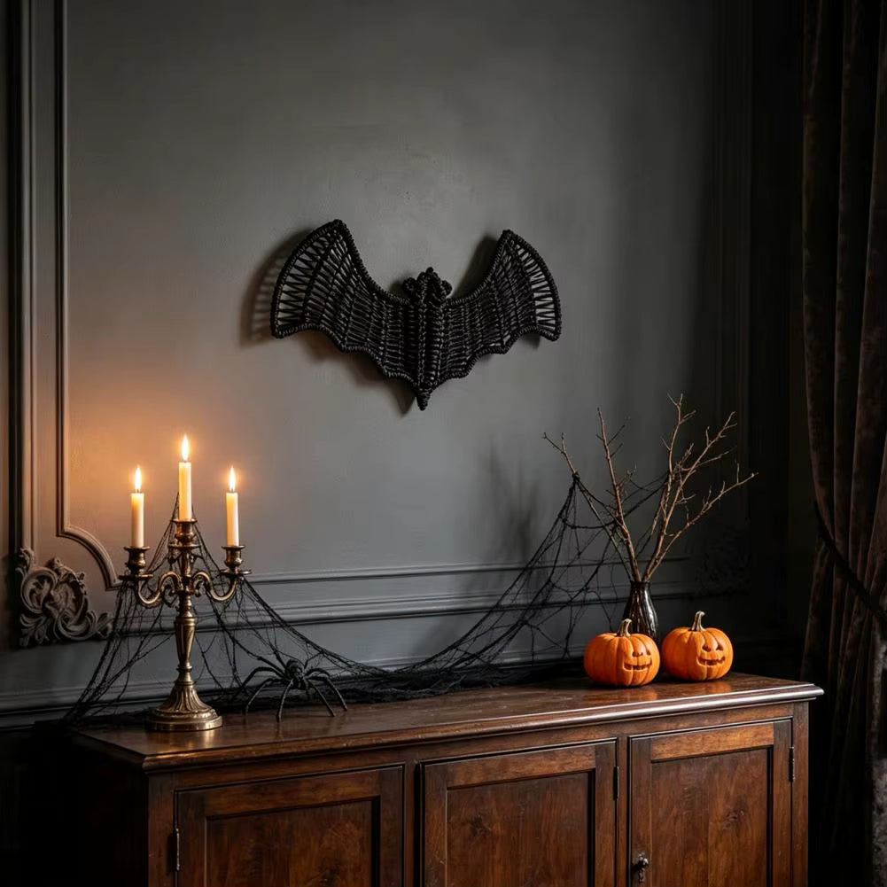 Woven Rattan Bat Wall Hanging Decoration Halloween Black Wicker Bat 3D Scary Rustic Decorations for Door Mantel Home Decor