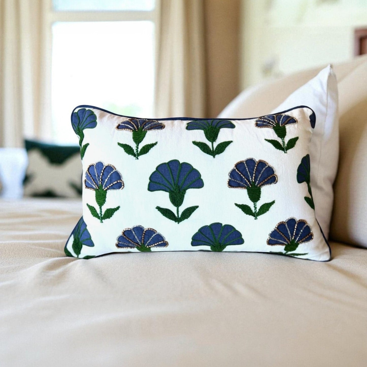 Embroidered Floral Blue Boho Accent Pillow