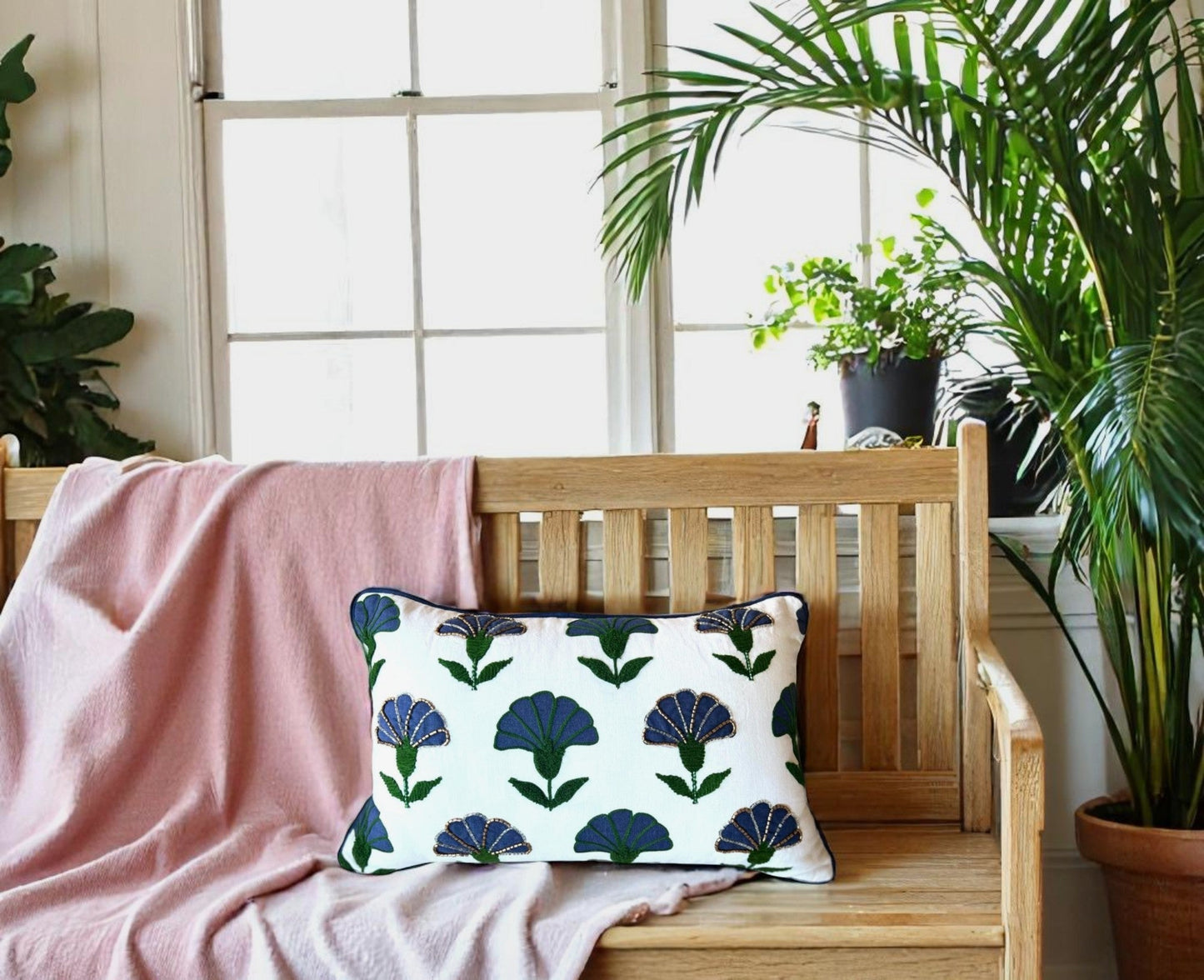 Embroidered Floral Blue Boho Accent Pillow