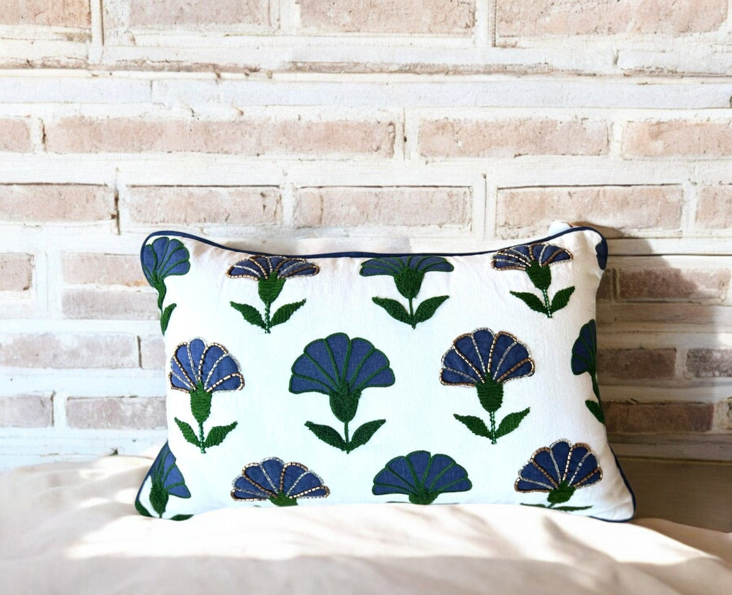 Embroidered Floral Blue Boho Accent Pillow