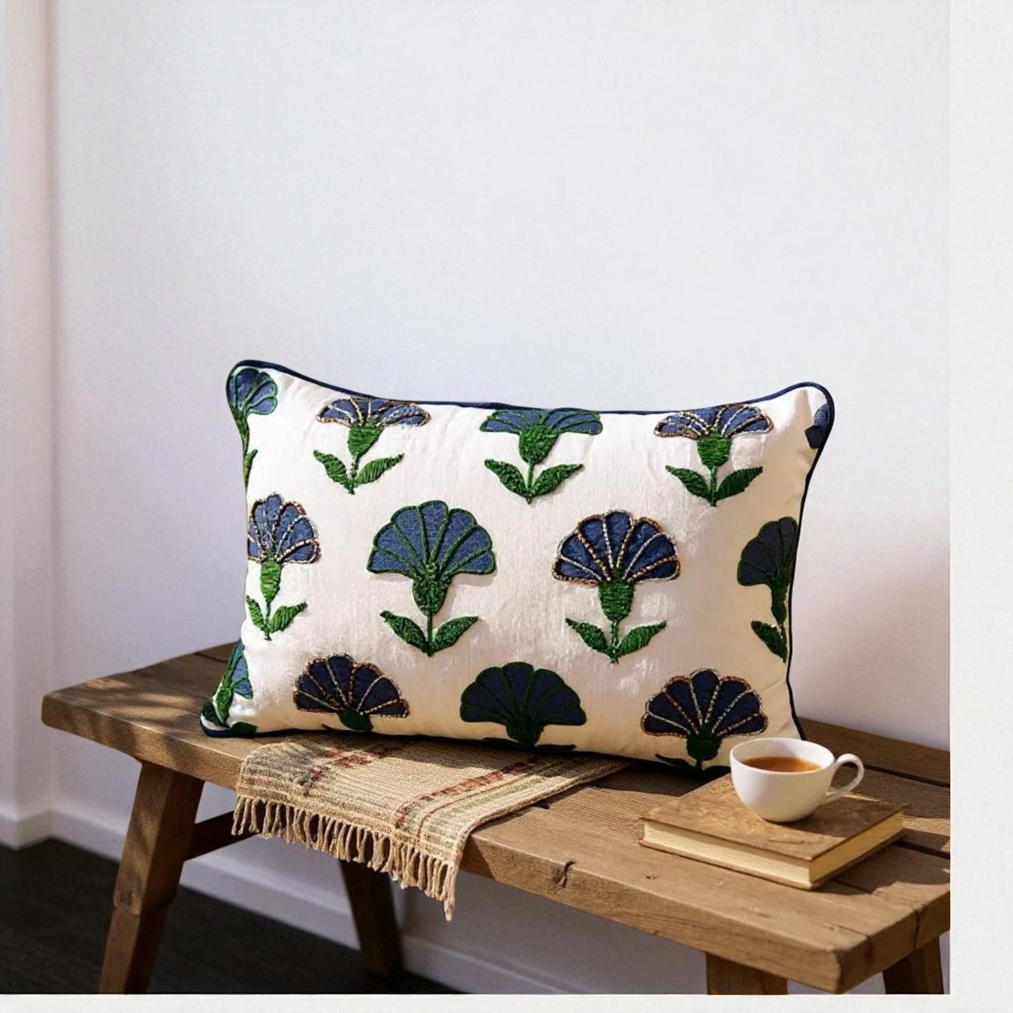 Embroidered Floral Blue Boho Accent Pillow