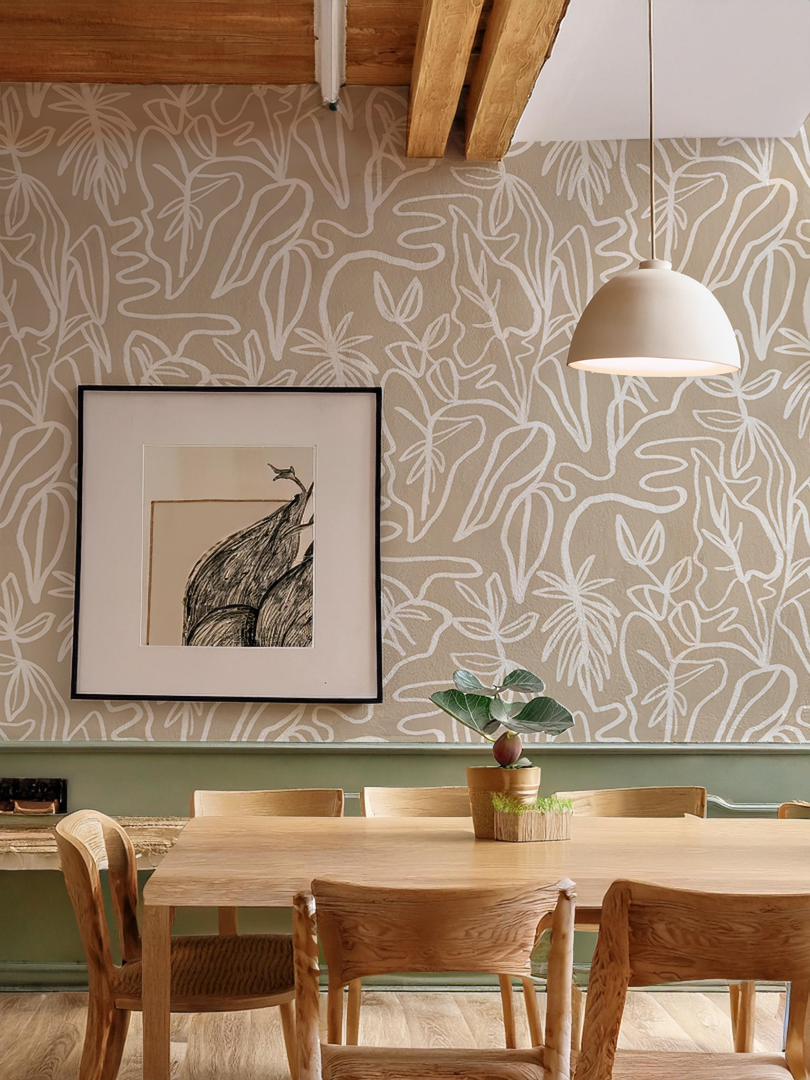 Inked Foliage Wallpaper, tan and white