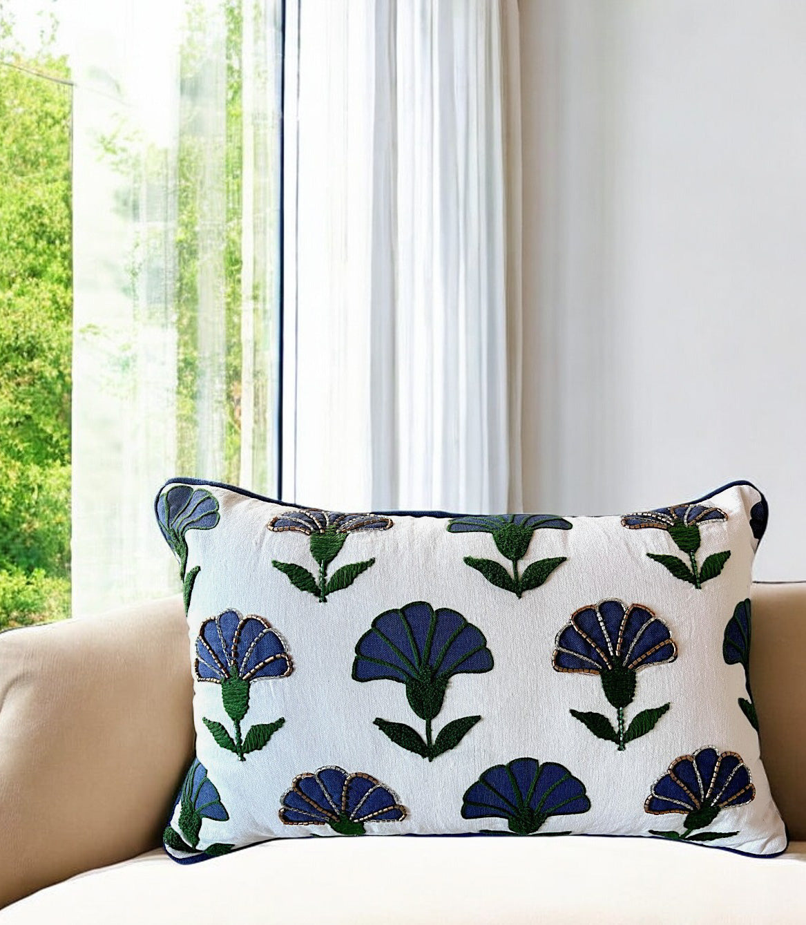 Embroidered Floral Blue Boho Accent Pillow