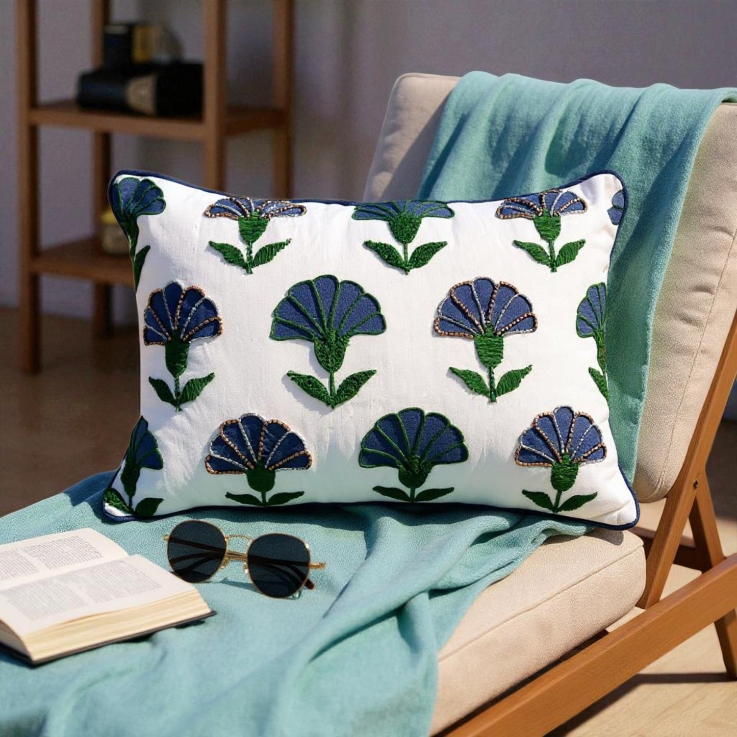 Embroidered Floral Blue Boho Accent Pillow