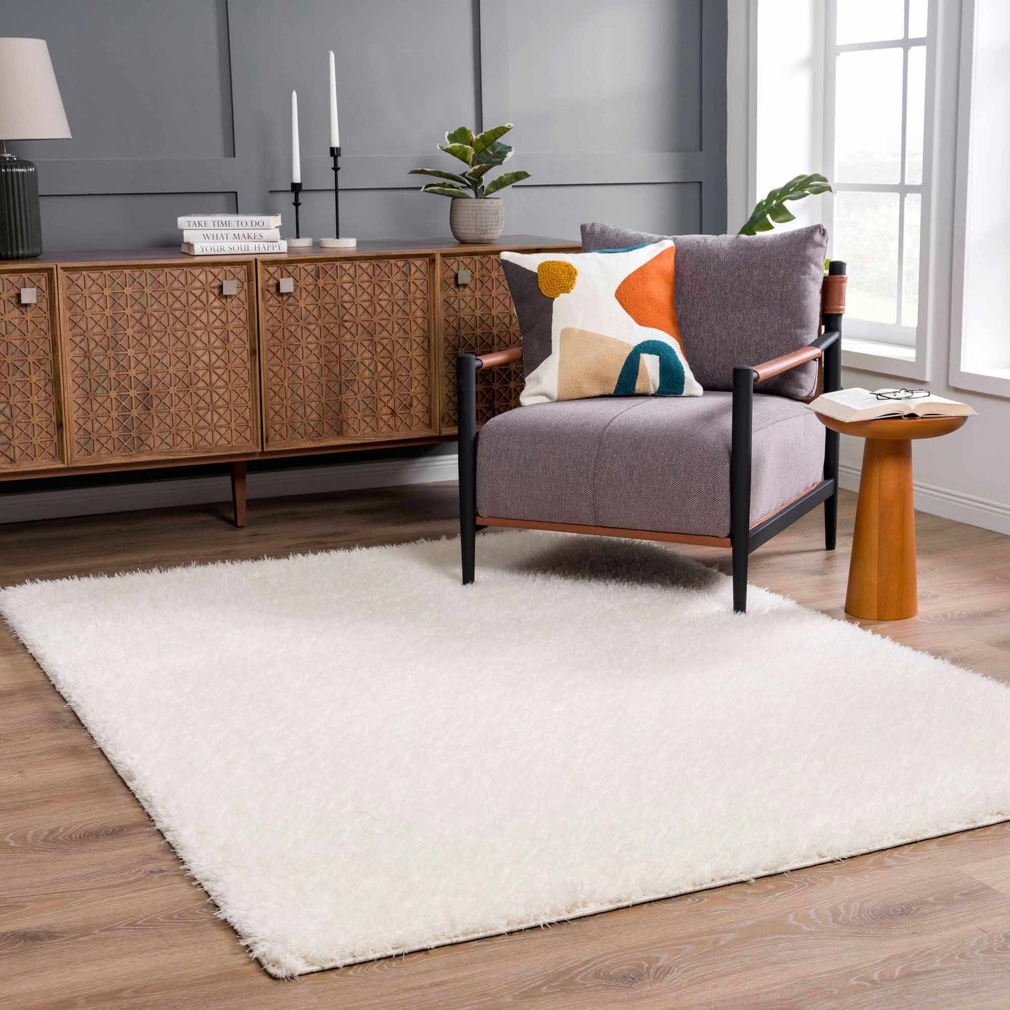 Faina Solid Cream Shag Washable Area Rug - Clearance