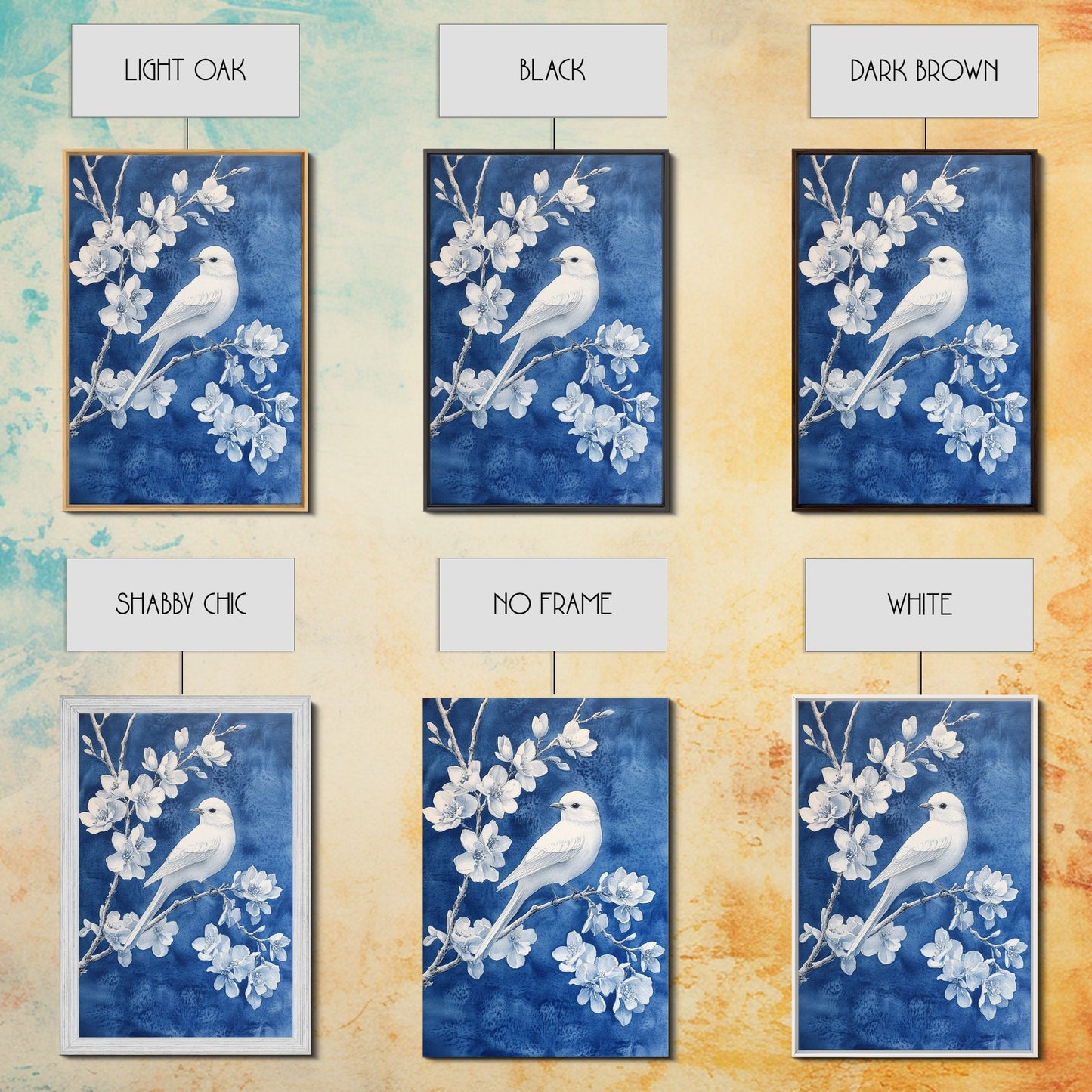 White Bird Blue Botanical Chinoiserie Wall Art