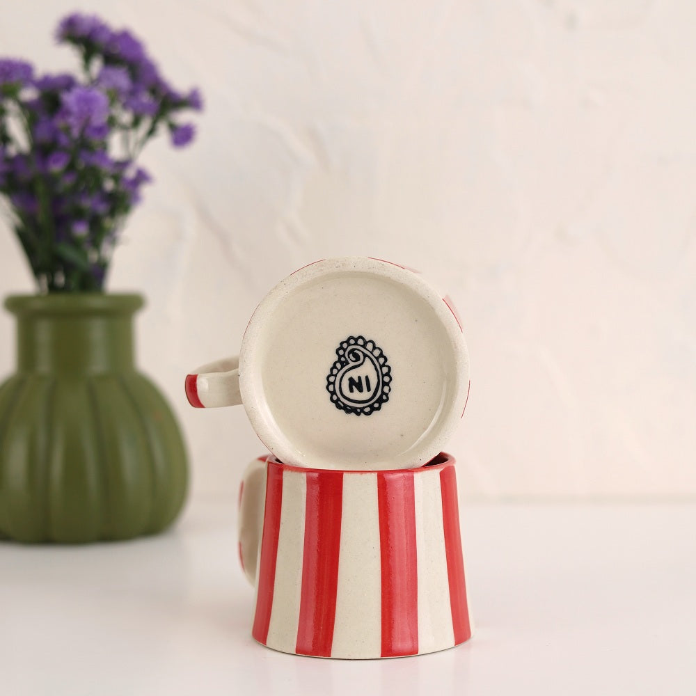 Red Stripe Coffee Cup | Handpainted Stoneware Mug | 7.5oz