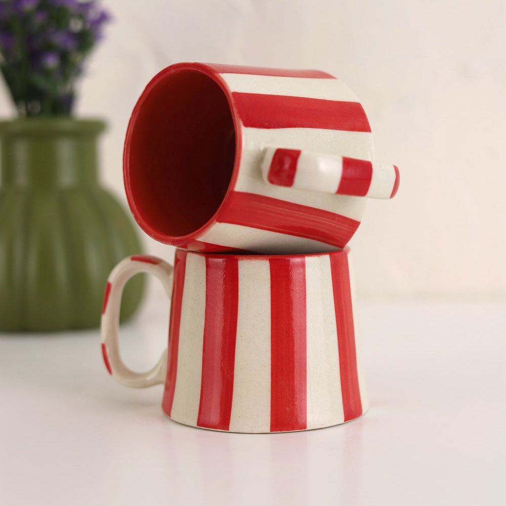 Red Stripe Coffee Cup | Handpainted Stoneware Mug | 7.5oz