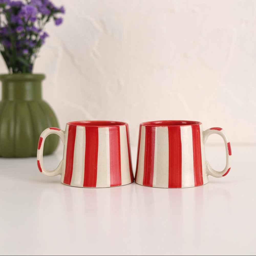 Red Stripe Coffee Cup | Handpainted Stoneware Mug | 7.5oz