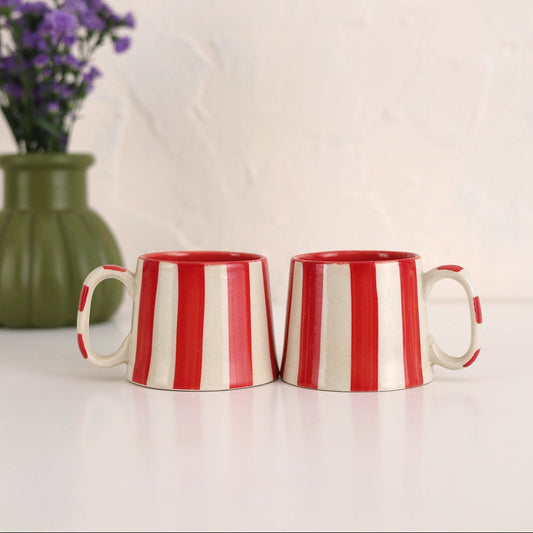 Red Stripe Coffee Cup | Handpainted Stoneware Mug | 7.5oz