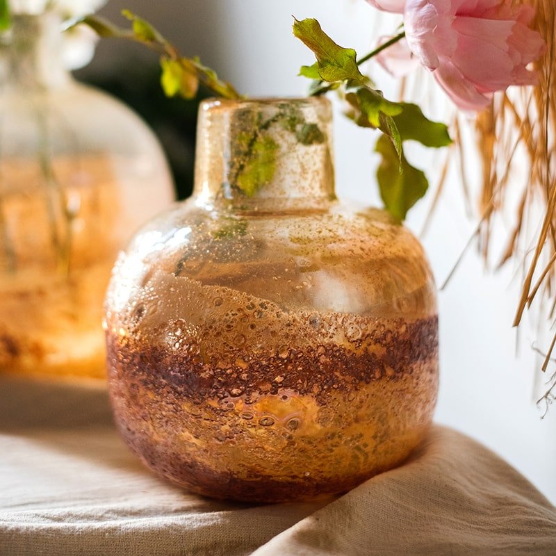 Amber Hand Blown Bubble Glass Vase