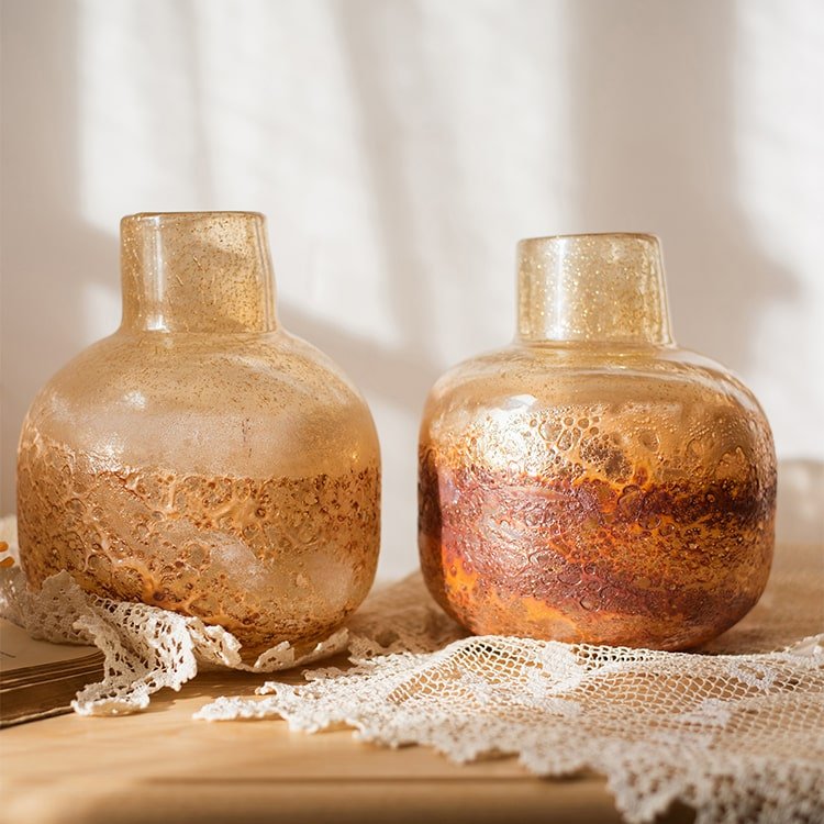 Amber Hand Blown Bubble Glass Vase