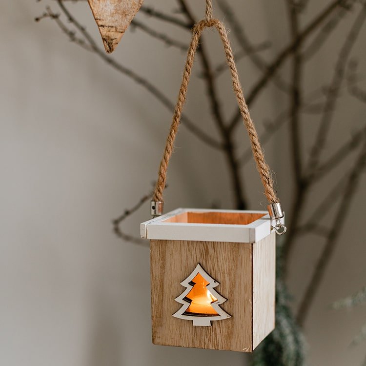 Christmas Tree Wood Box Candle Holder Ornament