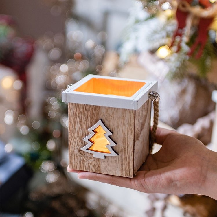 Christmas Tree Wood Box Candle Holder Ornament