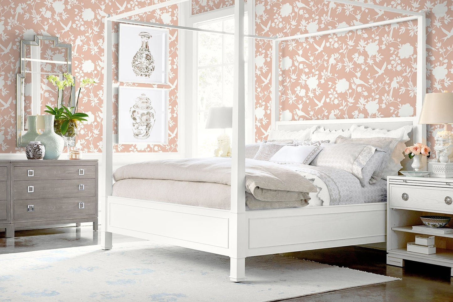 Kauai Bird Toile Embossed Vinyl Unpasted Wallpaper