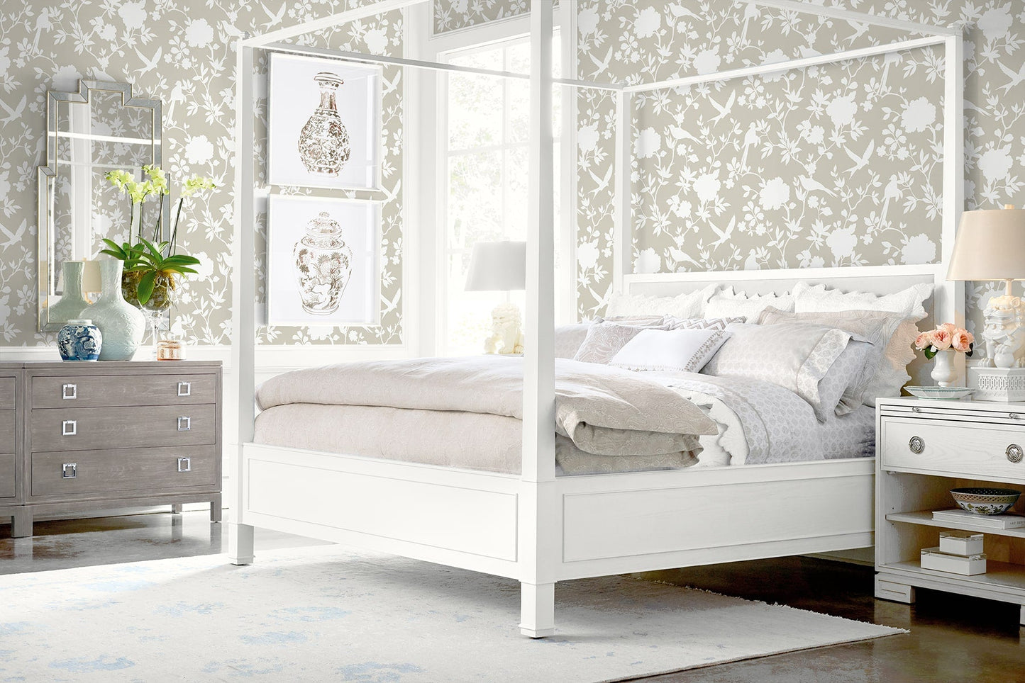 Kauai Bird Toile Embossed Vinyl Unpasted Wallpaper