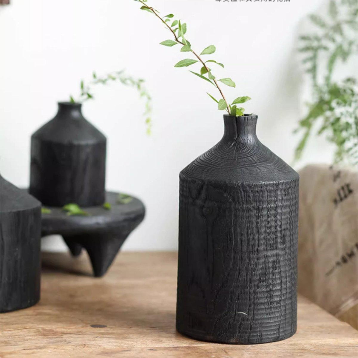 Narrow Neck Black Wooden Vase