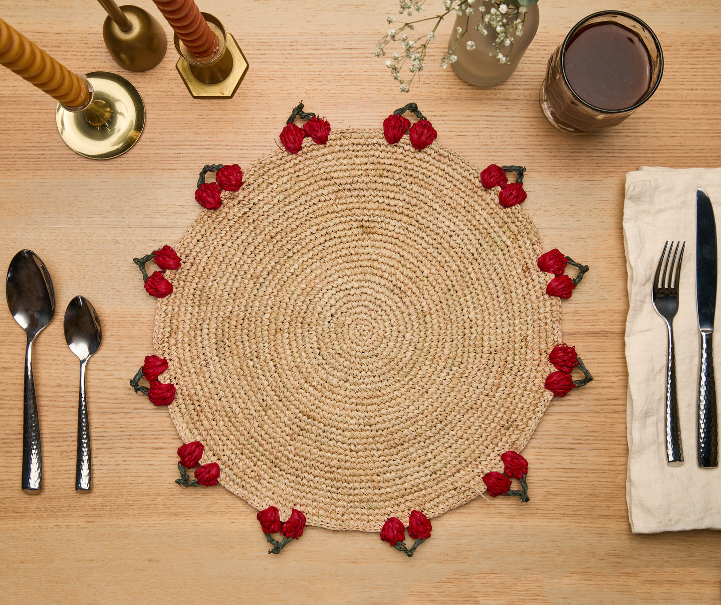 Cherry Scalloped Edge Crocheted Raffia Placemat
