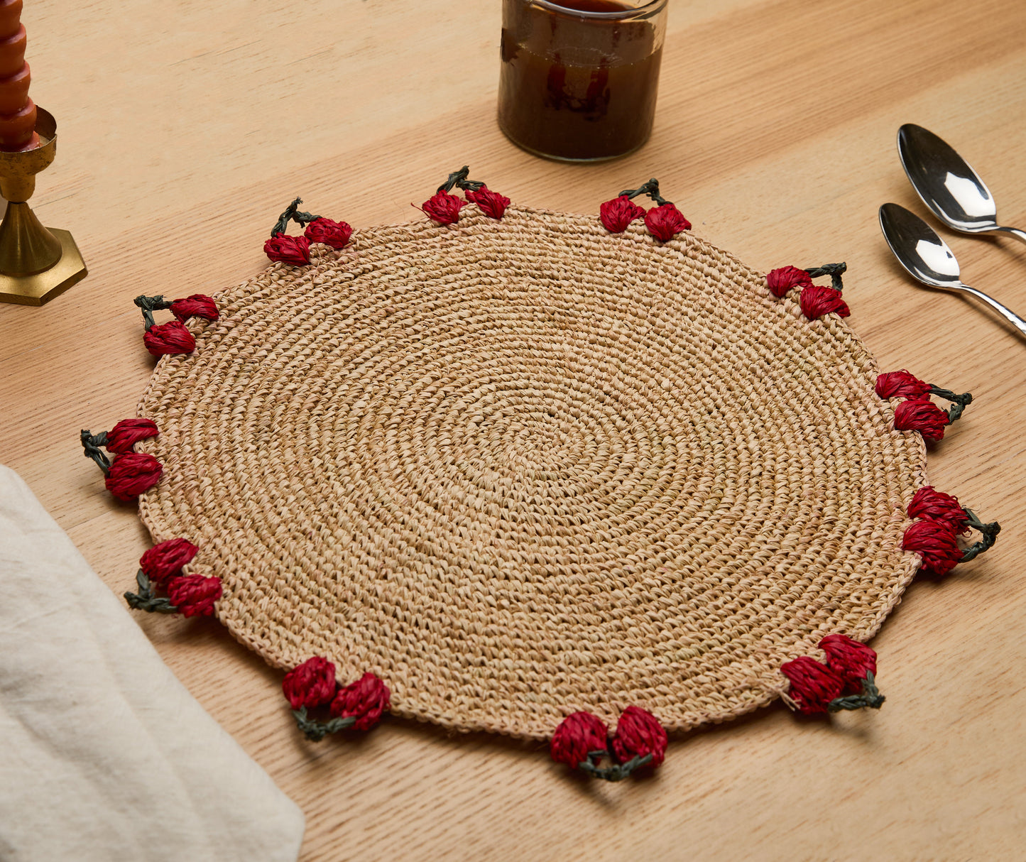 Cherry Scalloped Edge Crocheted Raffia Placemat