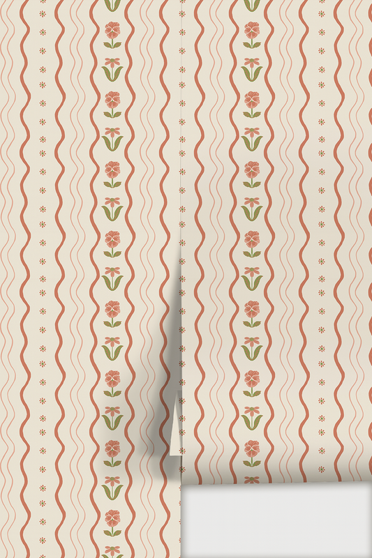 Posy Lane Stripe Wallpaper, beige and terra cotta