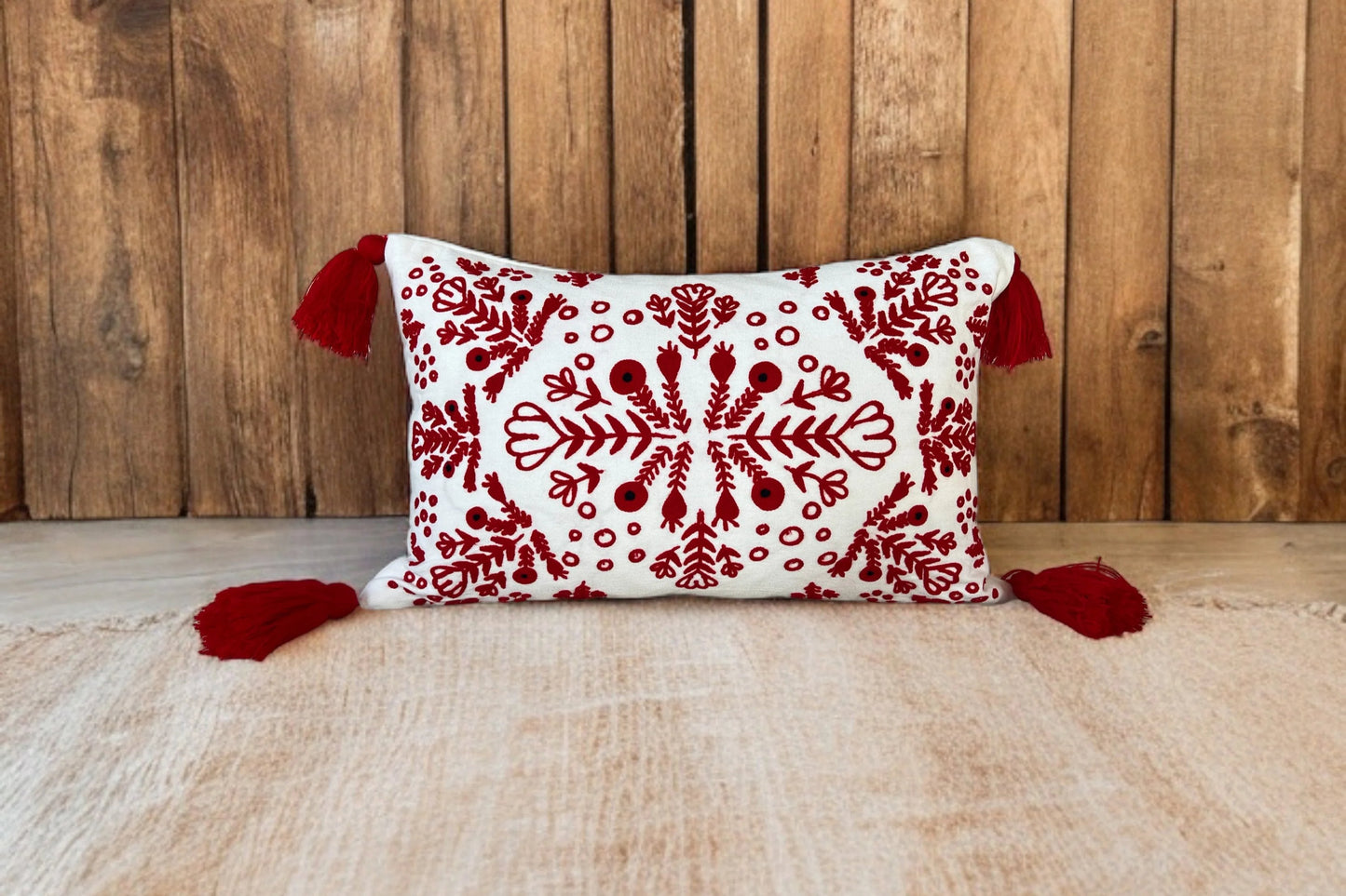 Scandi Embroidered Pillow with Tassels