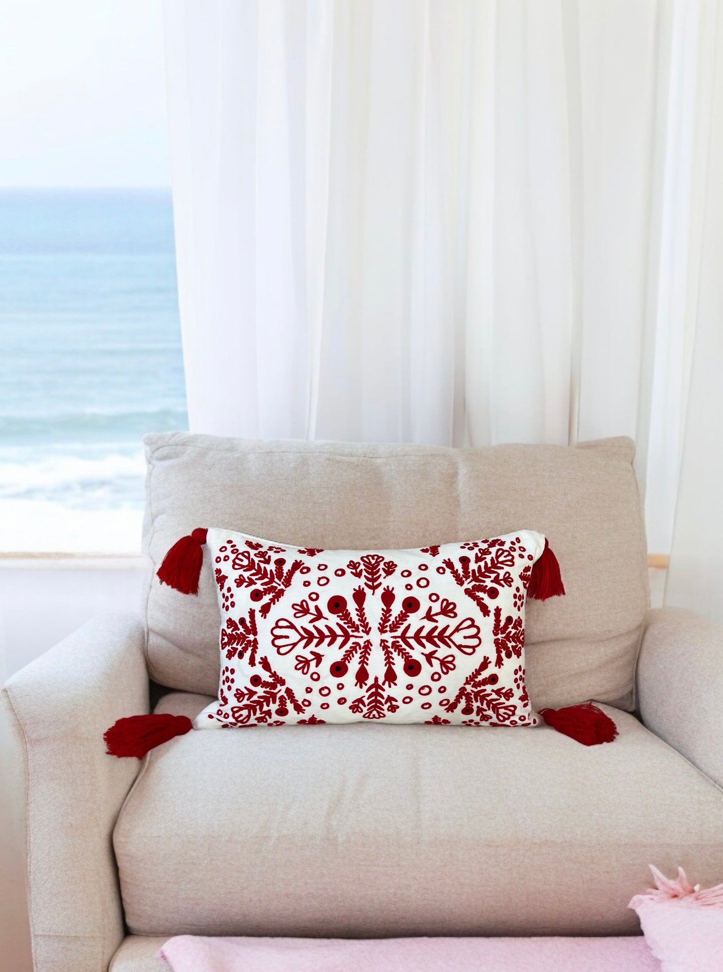 Scandi Embroidered Pillow with Tassels