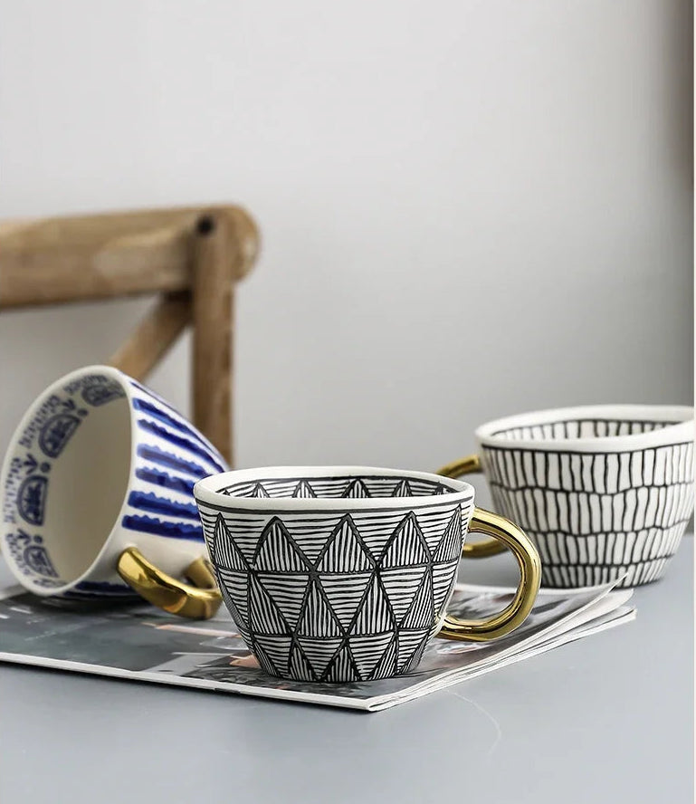 Lechsi Hand-Painted Gold Handle Ceramic Mugs